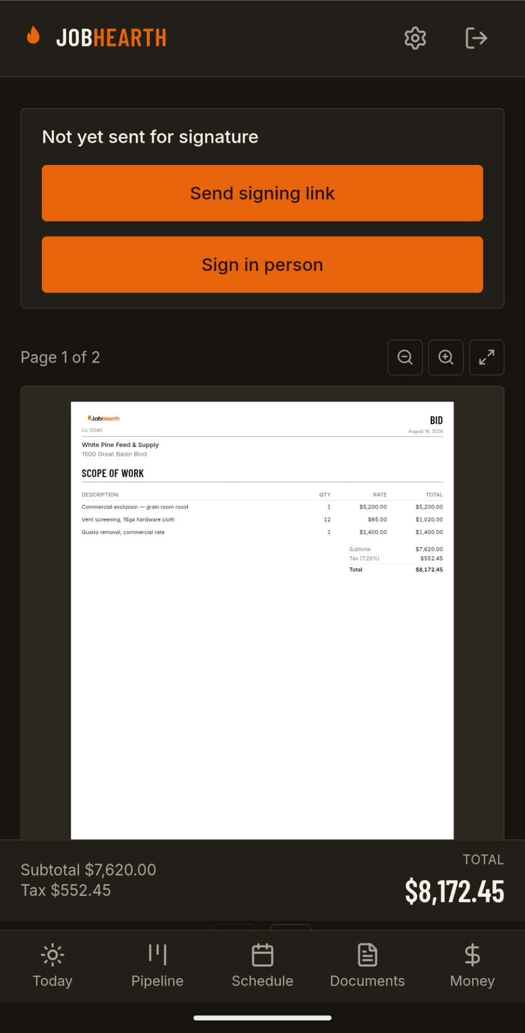 A finished bid: business letterhead, scope of work, line items, total, and a Sign in person button.