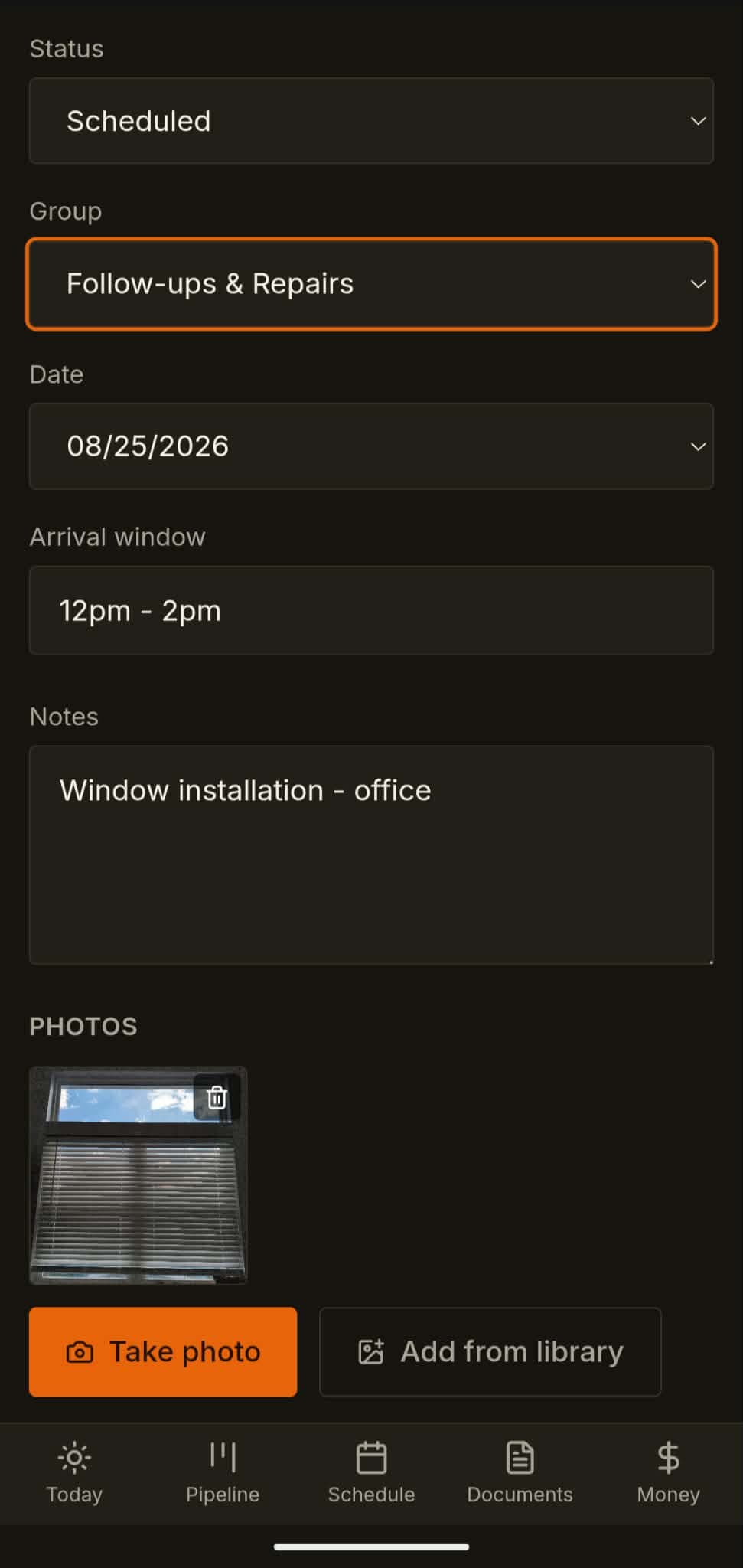 A task on a phone with a grid of photos taken on site.