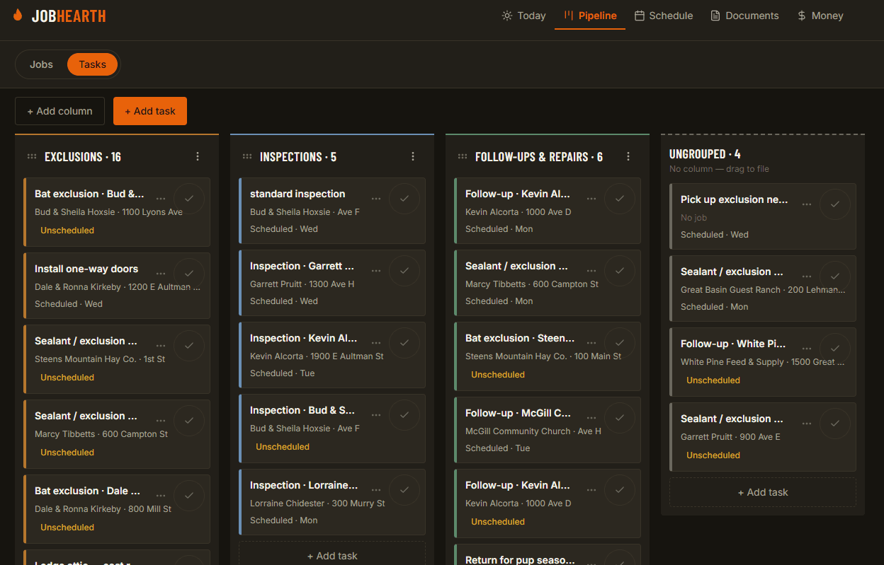 The pipeline board with columns of job cards across Exclusions, Inspections and Follow-ups.